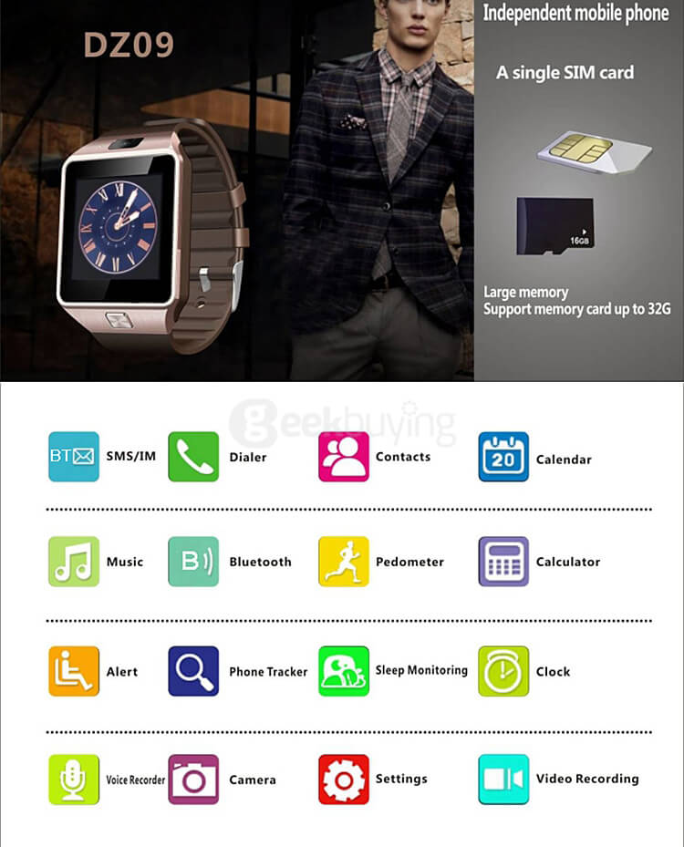 DZ09 Bluetooth 3.0 Smart Watch Phone MTK6260A Micro SIM Card with Camera Touch Screen Fitness Tracker for Android iOS - Gold