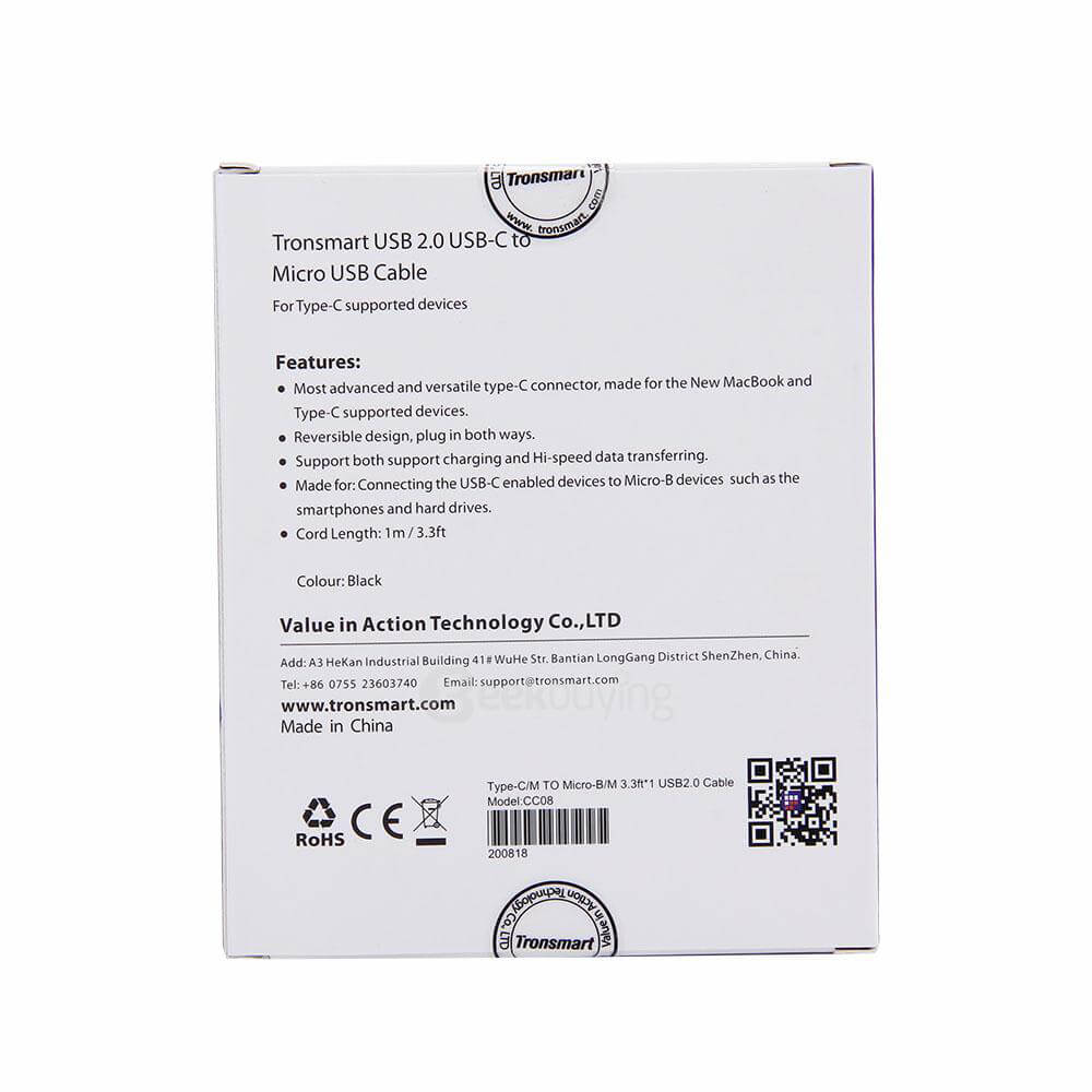 Tronsmart Type-C/M To Micro-B/M 3.3ft*1 USB2.0 Cable