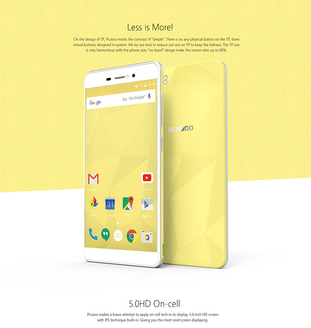 [HK Stock]BLUBOO Picasso 5.0inch IPS HD Android 5.1 Smartphone MT6580 Quad Core 2GB+16GB 3G GPS Dual 8.0MP Camera -Black