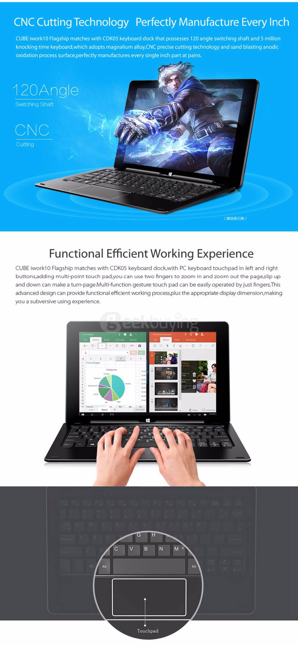 [Spain Stock]Cube iWork10 Flagship 10.1 inch Dual OS Win10 + Android 5.1 4GB/64GB Ultrabook Tablet PC Intel Cherry Trail Z8300 Quad Core 1.84GHz IPS 1920*1200 HDMI - Deep Blue