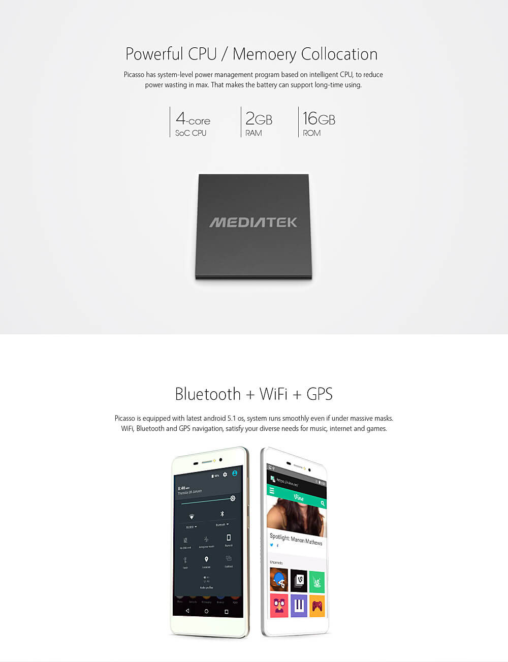 [HK Stock]BLUBOO Picasso 5.0inch IPS HD Android 5.1 Smartphone MT6580 Quad Core 2GB+16GB 3G GPS Dual 8.0MP Camera -Black