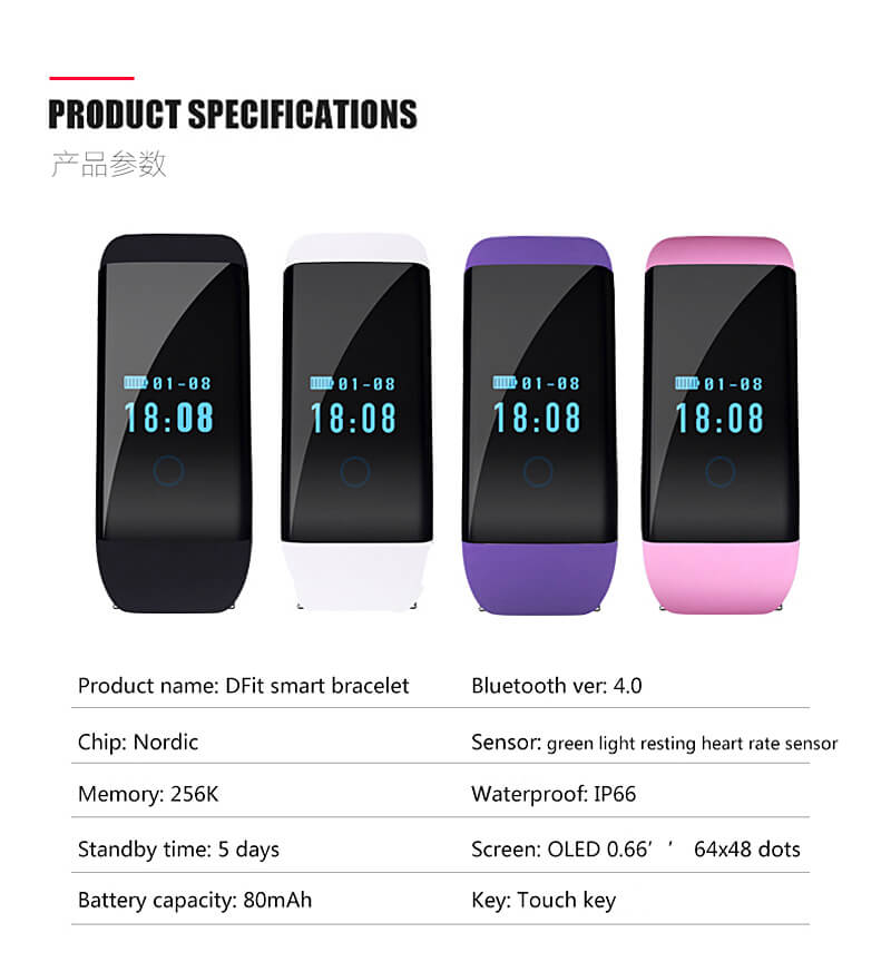 D21 DFit Smart Bracelet Heart Rate Monitor Fitness Tracker Bluetooth 4.0 IP66 Sports Smartband For iOS Android - Purple