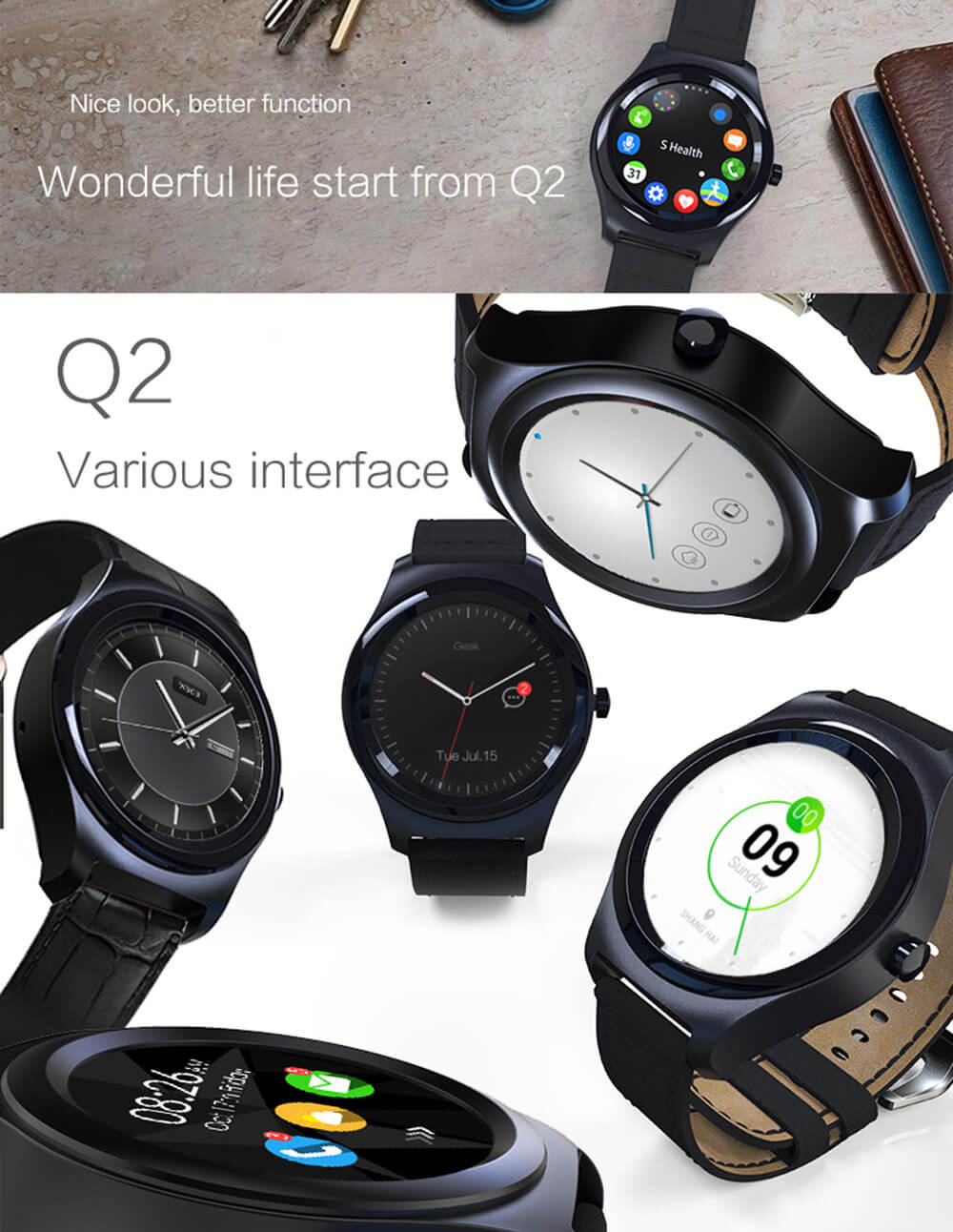 IQI Q2 MTK2502C Heart Rate Monitor Smartwatch Bluetooth 4.0 IP54 Activity Fitness Tracker Remote Control For Androind iOS - Black