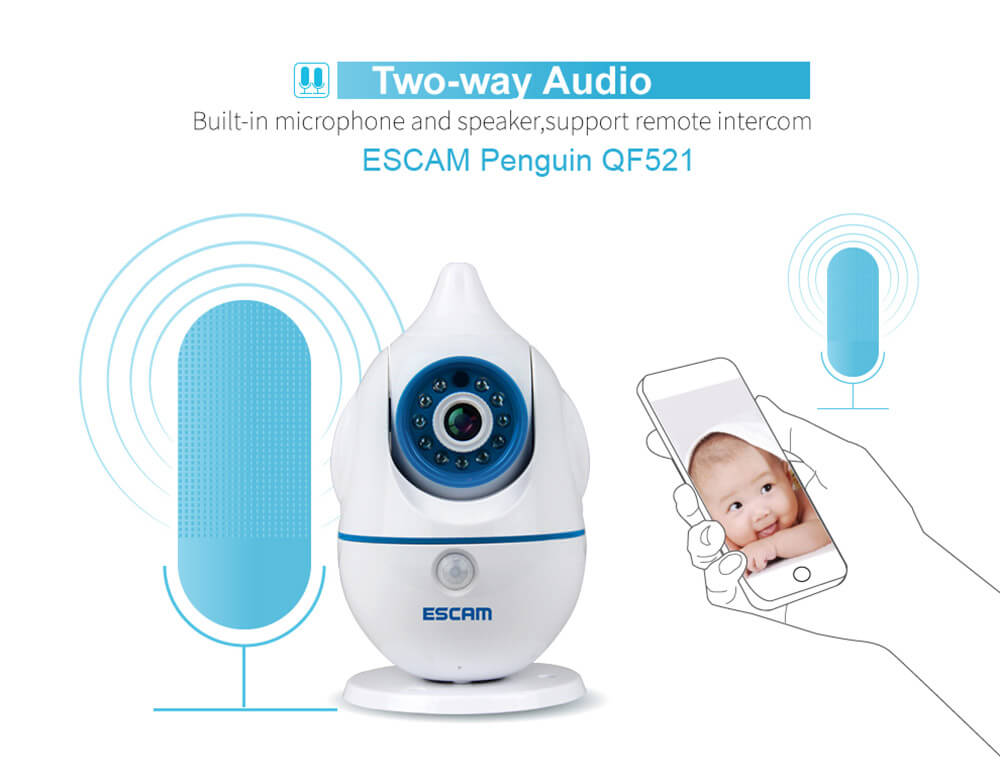 ESCAM Penguin QF521 Wireless WiFi Baby Monitor HD 720P P2P Smart Security Camera - White
