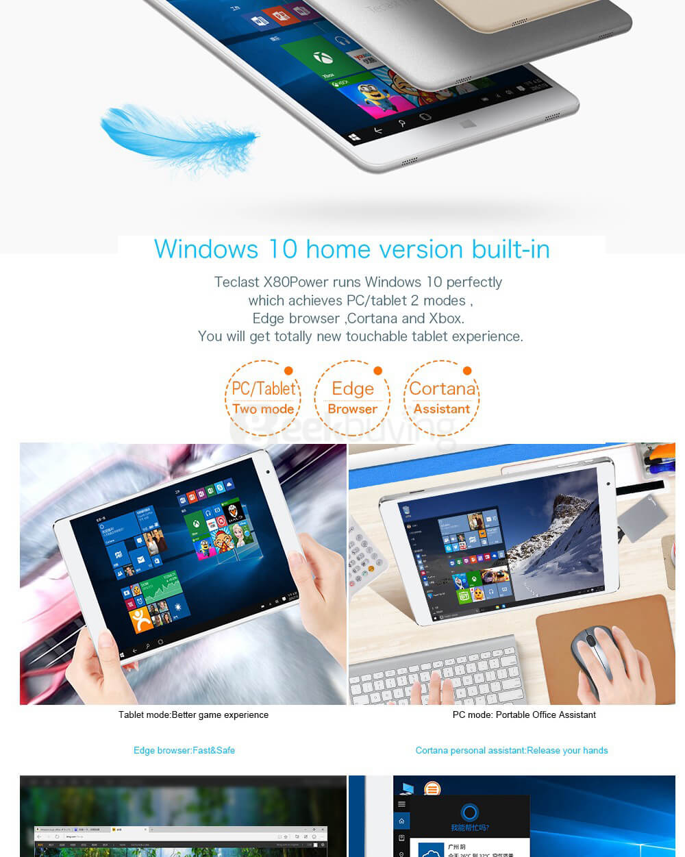 Teclast X80 Power Tablet 8 inch Intel Cherry Trail X5-Z8350 Dual OS Windows 10 + Android 5.1 2GB/32GB Quad Core 1.92GHz IPS 1920*1200 Metal Shell - Gold