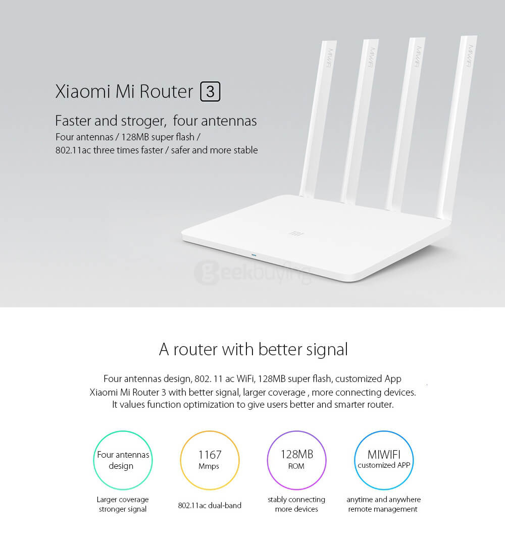 Original Xiaomi Mi WiFi 3 Xiaomi Router 3 Smart Mini WiFi Repeater 4 Antennas 1167Mbps Dual Band 128MB Flash ROM Support iOS Android APP - White
