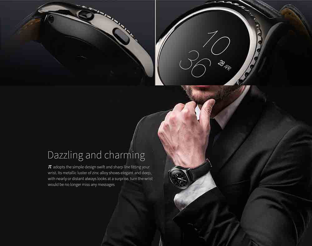 Pi MTK6261 Bluetooth Smart Watch Heart Rate Monitor Sleep Fitness Tracker 1.3 inch TP Sapphire Glass Dial Leather Strap - Black