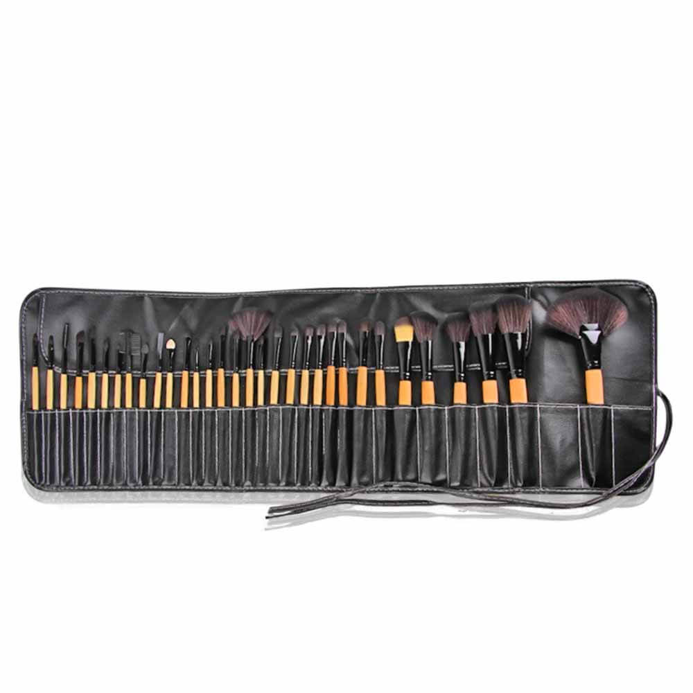 32PCS Wood Makeup Brushes Tools Set Cosmetic Facial Makeup Brush Kit with PU Leather Case - Black+Wood