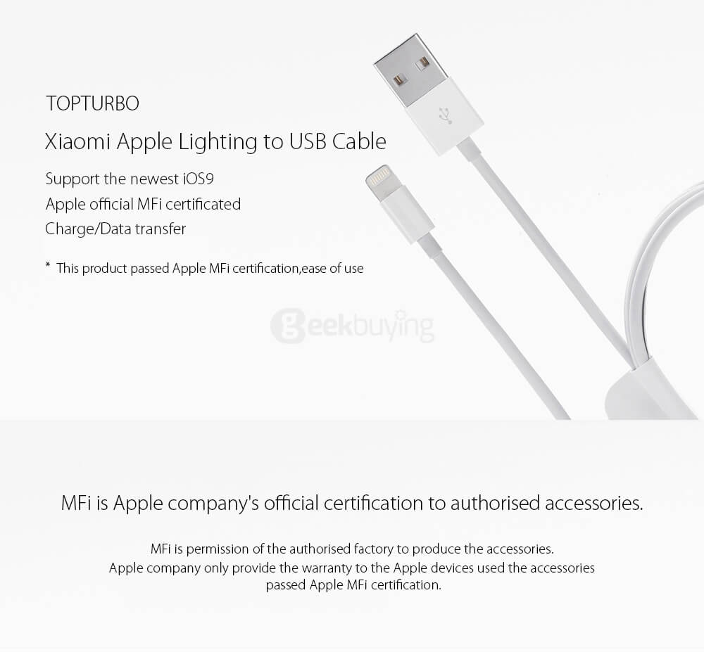 Xiaomi TOPTURBO 8Pin To USB Cable Gilded Interface Charge & Data Sync For iPhone 6 / 6 Plus - White