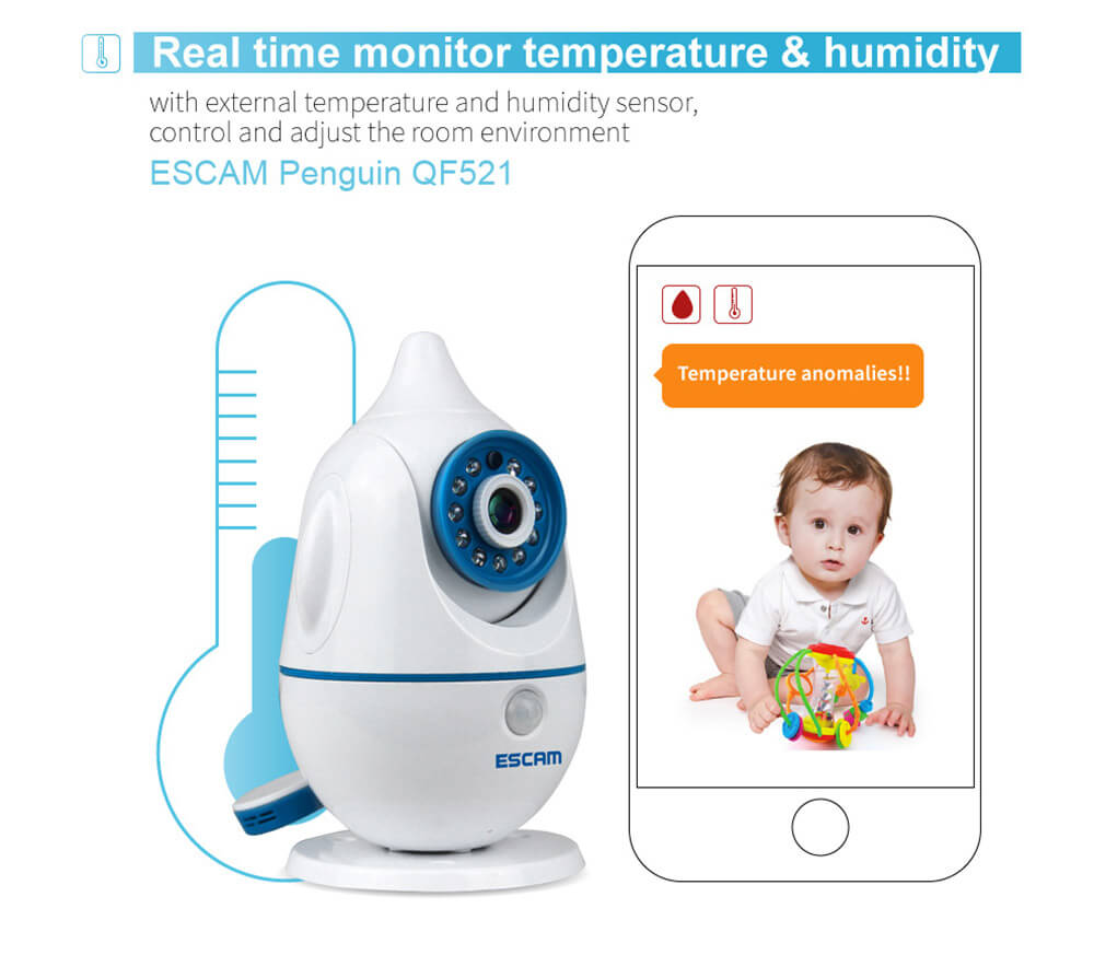 ESCAM Penguin QF521 Wireless WiFi Baby Monitor HD 720P P2P Smart Security Camera - White