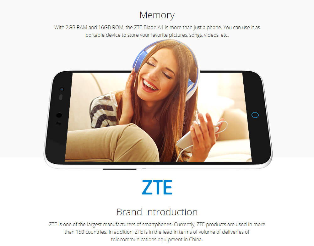 ZTE Blade A1 5.0inch HD Android 5.1 2GB 16GB Smartphone MTK6735 1.3GHz Quad Core Touch ID OTG 13MP 8MP - White