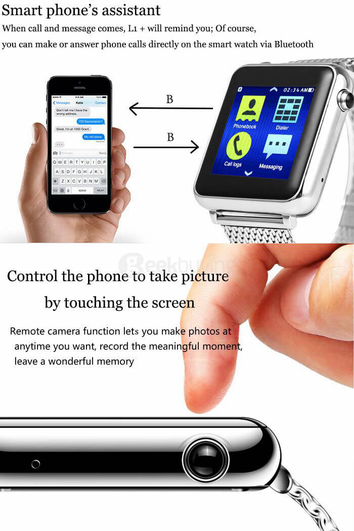 L1+ BT4.0 MTK2502C Smart Watch Dialer SMS Sleep Health Tracker Remote Music Camera Find Phone for Android iOS (Stainless Steel Band) - Black