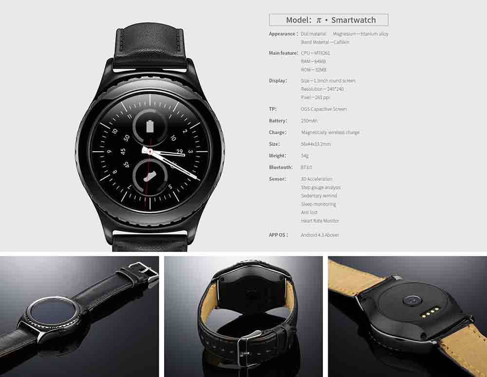 Pi MTK6261 Bluetooth Smart Watch Heart Rate Monitor Sleep Fitness Tracker 1.3 inch TP Sapphire Glass Dial Leather Strap - Black