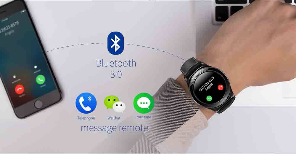 Pi MTK6261 Bluetooth Smart Watch Heart Rate Monitor Sleep Fitness Tracker 1.3 inch TP Sapphire Glass Dial Leather Strap - Black