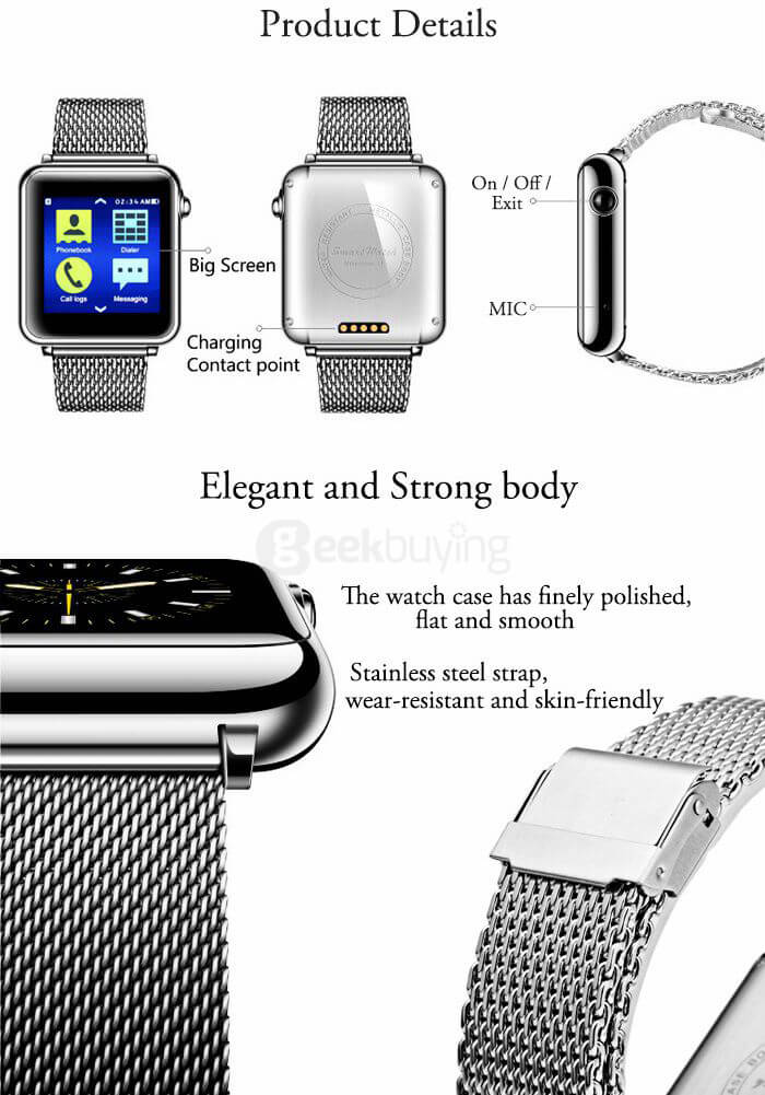 L1+ BT4.0 MTK2502C Smart Watch Dialer SMS Sleep Health Tracker Remote Music Camera Find Phone for Android iOS (Stainless Steel Band) - Black
