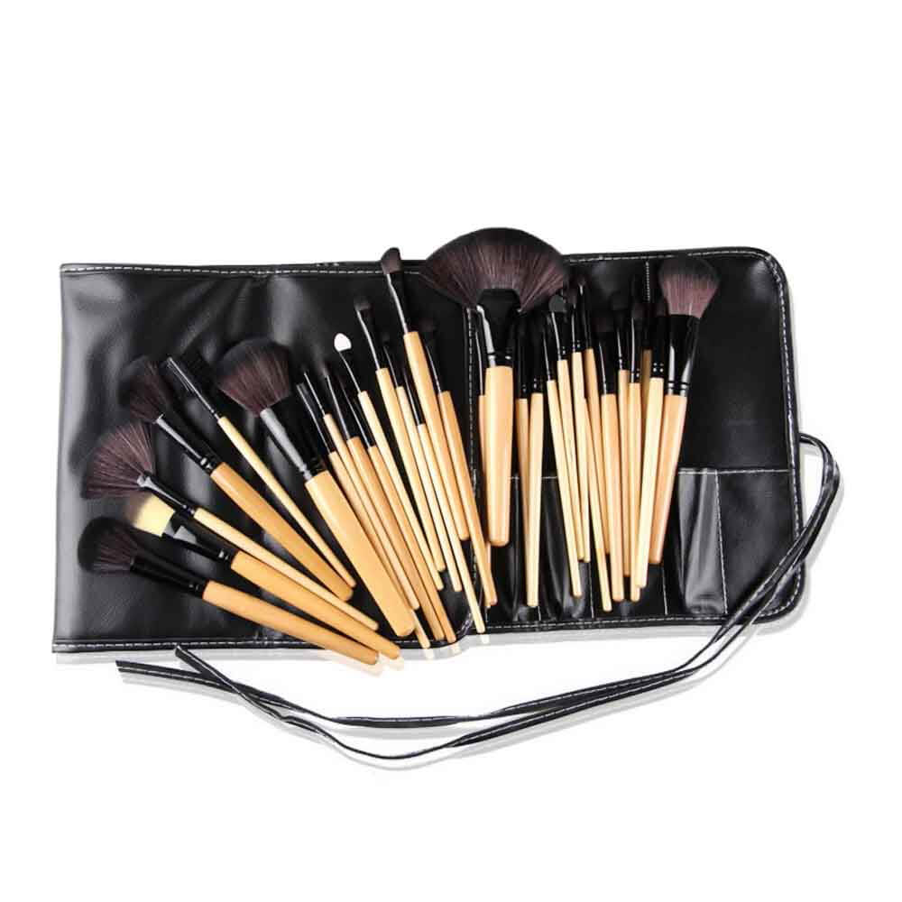 32PCS Wood Makeup Brushes Tools Set Cosmetic Facial Makeup Brush Kit with PU Leather Case - Black+Wood