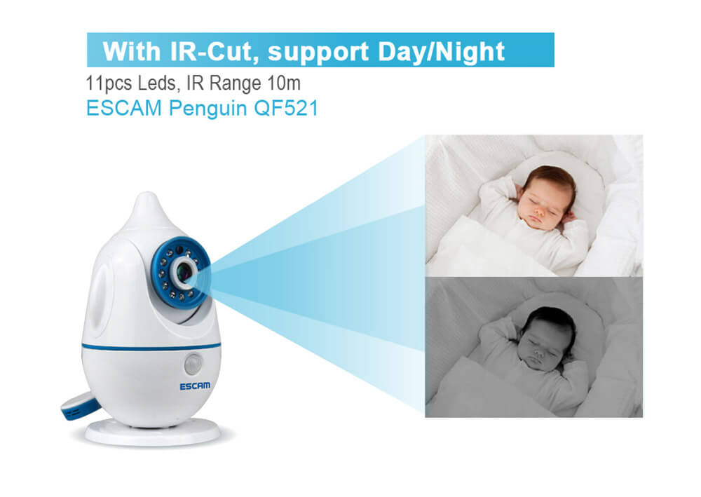 ESCAM Penguin QF521 Wireless WiFi Baby Monitor HD 720P P2P Smart Security Camera - White