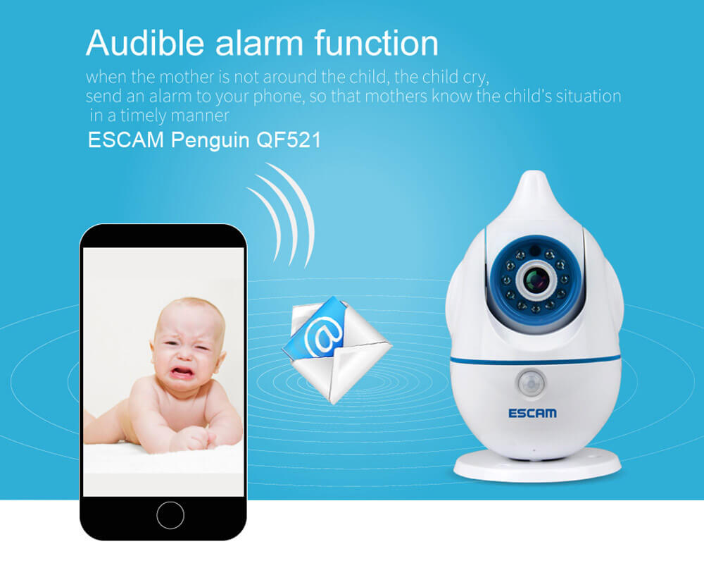 ESCAM Penguin QF521 Wireless WiFi Baby Monitor HD 720P P2P Smart Security Camera - White