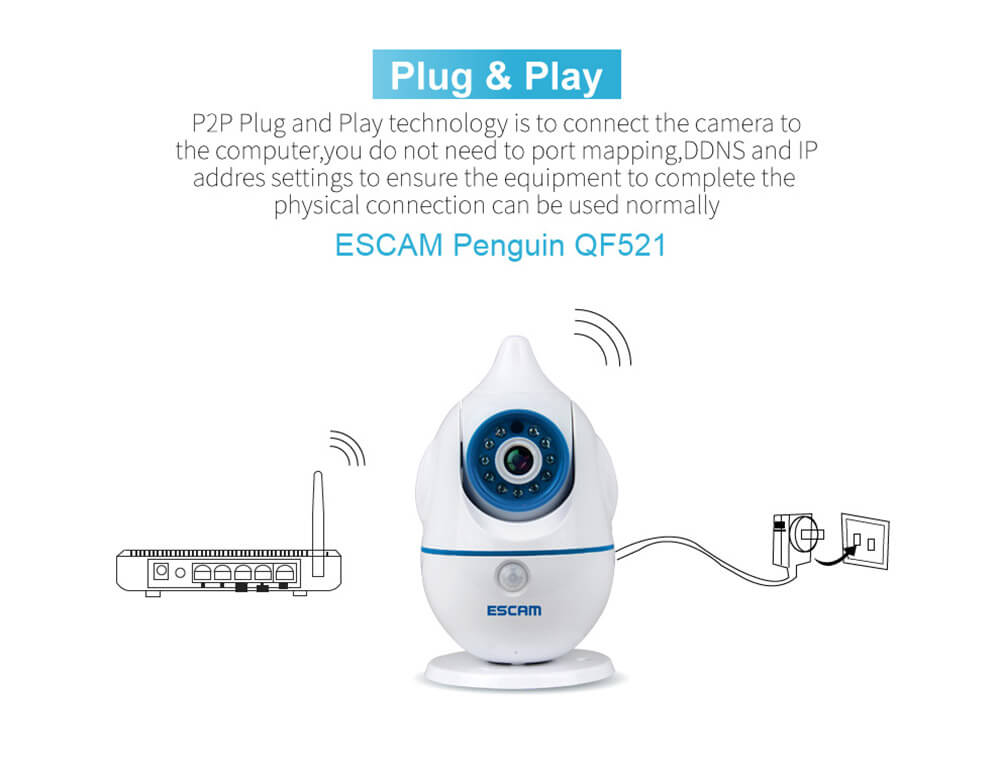 ESCAM Penguin QF521 Wireless WiFi Baby Monitor HD 720P P2P Smart Security Camera - White