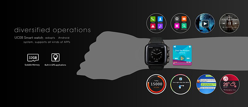 UWatch UC08 Android 4.4 3G WiFi GPS Smart Watch Phone MTK6572A Heart Rate Monitor 512MB 4GB SIM Card 3.0MP Camera 600mAh Battery IP67 Waterproof - Black