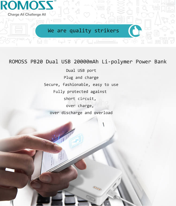 Original ROMOSS Polymos 20 Dual USB 20000mAh Li-polymer Power Bank Mobile Power Charger - White