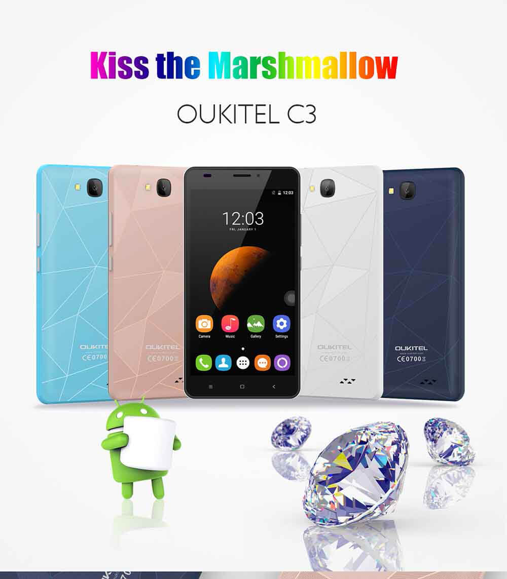 [HK Stock]OUKITEL C3 5.0 Inch HD Screen Android 6.0 MT6580A 3G Smartphone 1GB RAM 8GB ROM Quad Core 1.3GHz 8.0MP Camera WIFI GPS - White