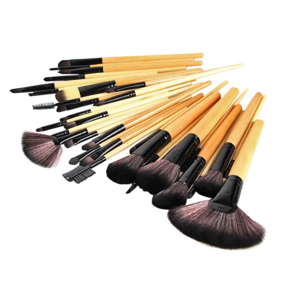 32PCS Wood Makeup Brushes Tools Set Cosmetic Facial Makeup Brush Kit with PU Leather Case - Black+Wood