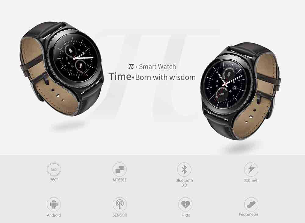 Pi MTK6261 Bluetooth Smart Watch Heart Rate Monitor Sleep Fitness Tracker 1.3 inch TP Sapphire Glass Dial Leather Strap - Black