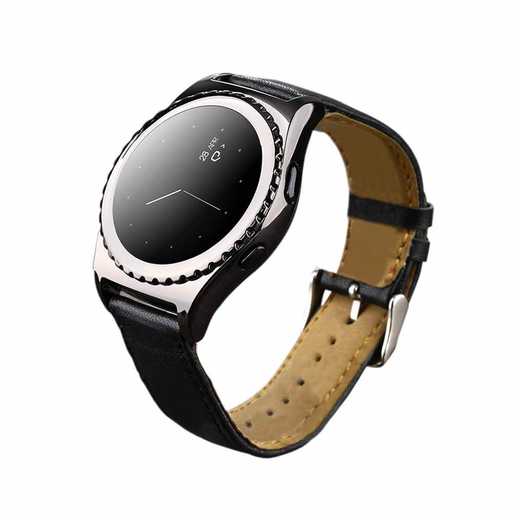 Pi MTK6261 Bluetooth Smart Watch Heart Rate Monitor Sleep Fitness Tracker 1.3 inch TP Sapphire Glass Dial Leather Strap - Black