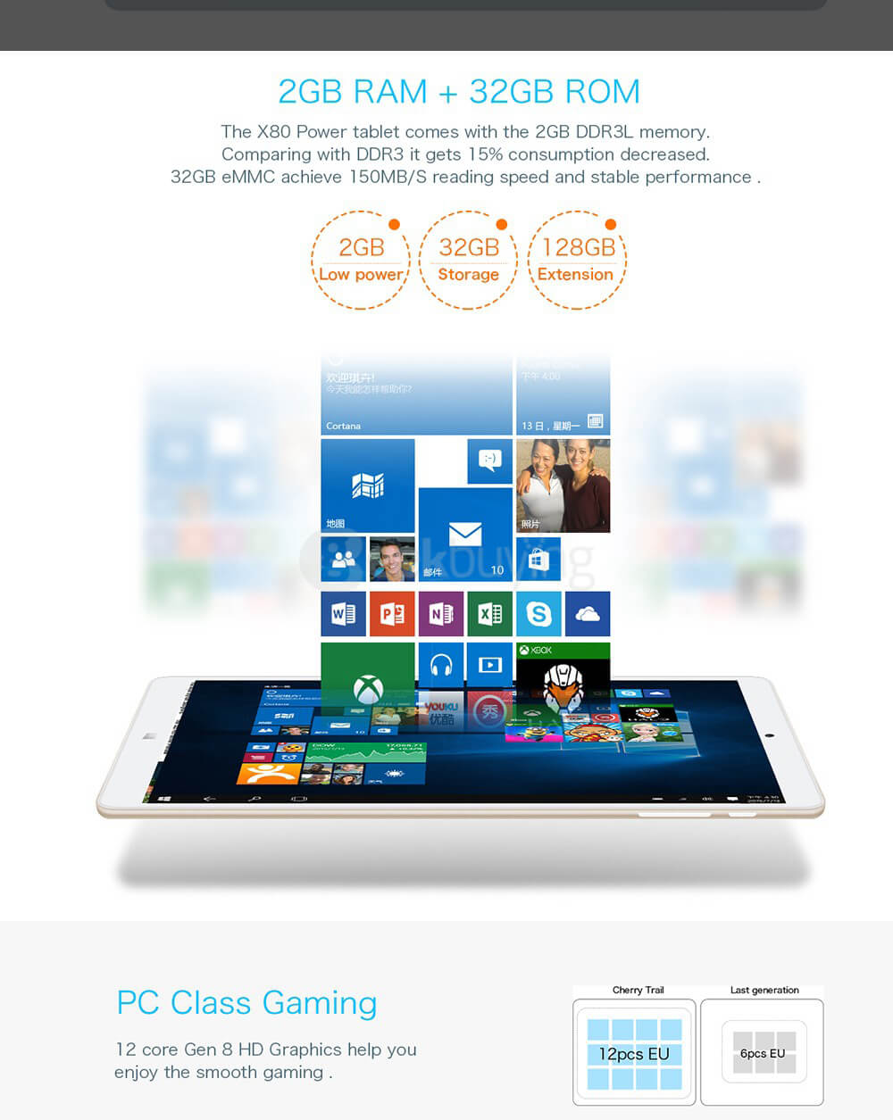 Teclast X80 Power Tablet 8 inch Intel Cherry Trail X5-Z8350 Dual OS Windows 10 + Android 5.1 2GB/32GB Quad Core 1.92GHz IPS 1920*1200 Metal Shell - Gold