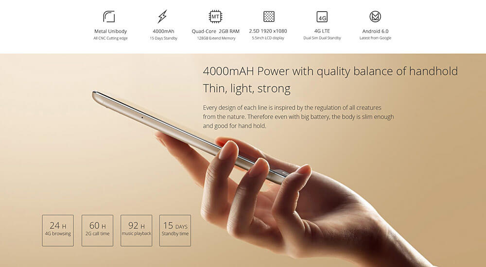 UMI TOUCH X 5.5inch 2.5D FHD 4G LTE Android 6.0 2GB 16GB Smartphone 64bit MTK6735A Quad-Core 1.3GHz 5.0MP 13.0MP 4000mAh OTG Metal Body - Gold