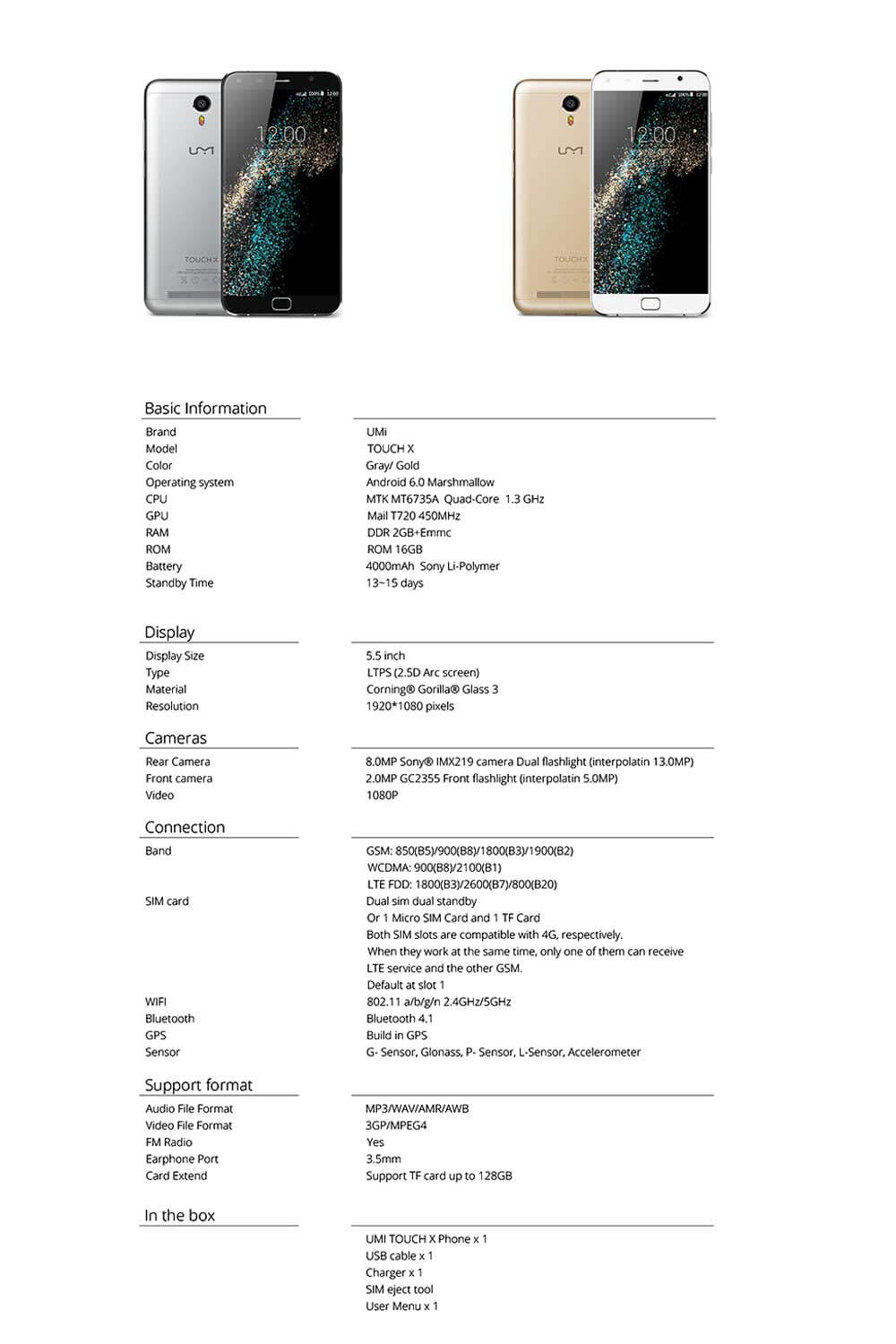 UMI TOUCH X 5.5inch 2.5D FHD 4G LTE Android 6.0 2GB 16GB Smartphone 64bit MTK6735A Quad-Core 1.3GHz 5.0MP 13.0MP 4000mAh OTG Metal Body - Gray