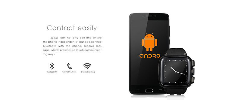 UWatch UC08 Android 4.4 3G WiFi GPS Smart Watch Phone MTK6572A Heart Rate Monitor 512MB 4GB SIM Card 3.0MP Camera 600mAh Battery IP67 Waterproof - Black
