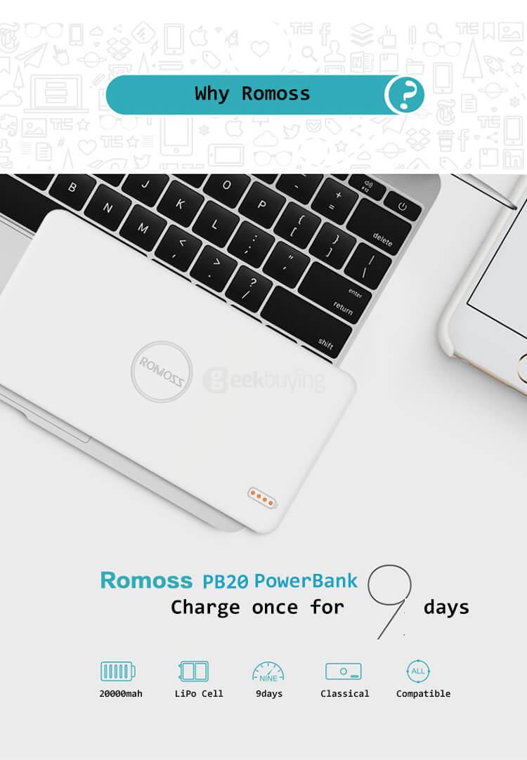 Original ROMOSS Polymos 20 Dual USB 20000mAh Li-polymer Power Bank Mobile Power Charger - White