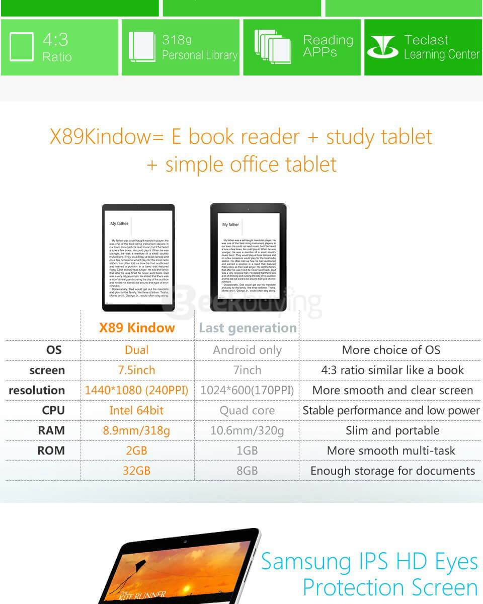 Teclast X89 Kindow 7.5 inch E-Book Reader Tablet Windows 10 + Android 4.4 Intel Z3735F 2GB RAM 32GB ROM Dual OS IPS 1440*1080 - Black