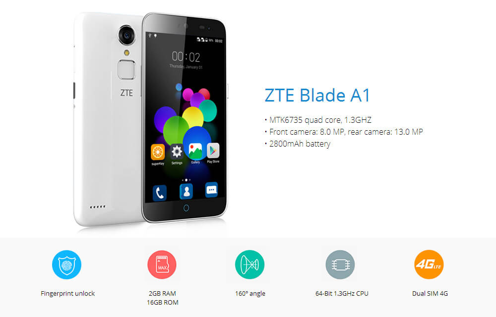 ZTE Blade A1 5.0inch HD Android 5.1 2GB 16GB Smartphone MTK6735 1.3GHz Quad Core Touch ID OTG 13MP 8MP - White