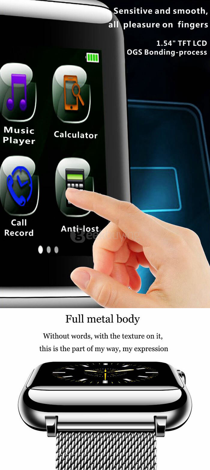 L1+ BT4.0 MTK2502C Smart Watch Dialer SMS Sleep Health Tracker Remote Music Camera Find Phone for Android iOS (Stainless Steel Band) - Black