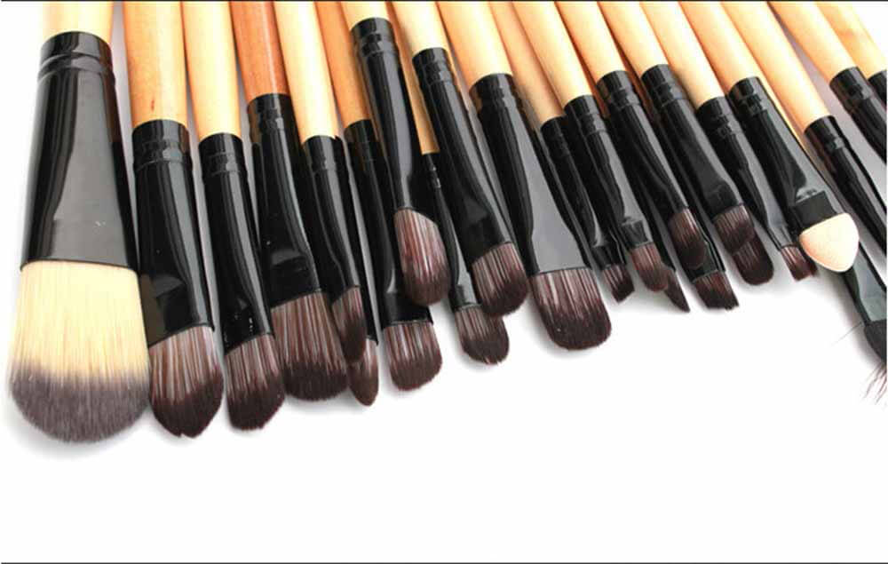 32PCS Wood Makeup Brushes Tools Set Cosmetic Facial Makeup Brush Kit with PU Leather Case - Black+Wood