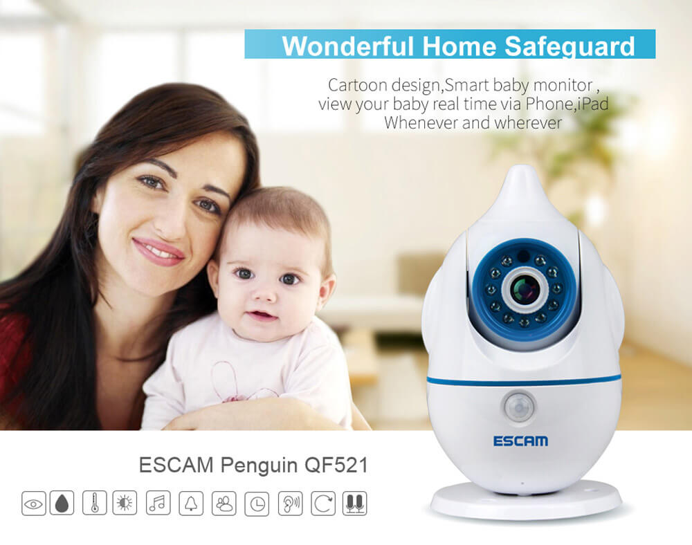ESCAM Penguin QF521 Wireless WiFi Baby Monitor HD 720P P2P Smart Security Camera - White