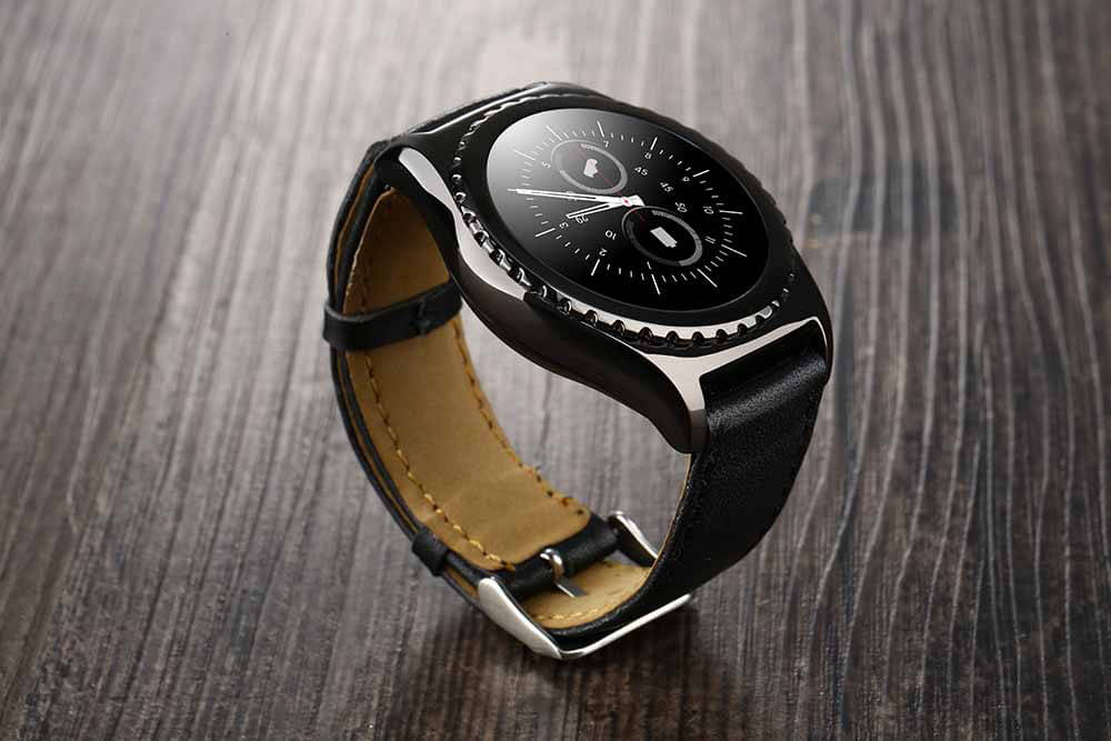 Pi MTK6261 Bluetooth Smart Watch Heart Rate Monitor Sleep Fitness Tracker 1.3 inch TP Sapphire Glass Dial Leather Strap - Black