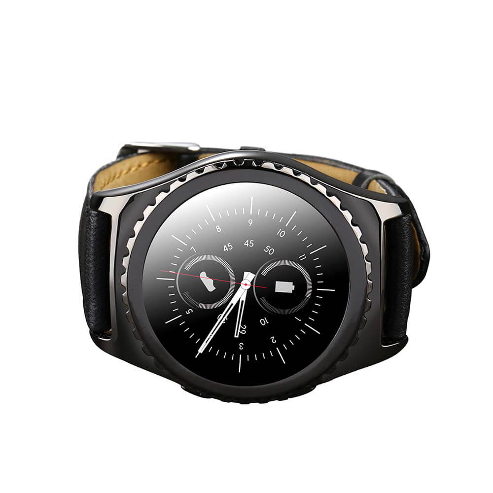 Pi MTK6261 Bluetooth Smart Watch Heart Rate Monitor Sleep Fitness Tracker 1.3 inch TP Sapphire Glass Dial Leather Strap - Black