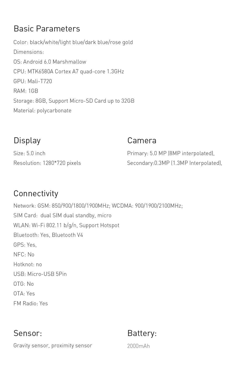 [HK Stock]OUKITEL C3 5.0 Inch HD Screen Android 6.0 MT6580A 3G Smartphone 1GB RAM 8GB ROM Quad Core 1.3GHz 8.0MP Camera WIFI GPS - White