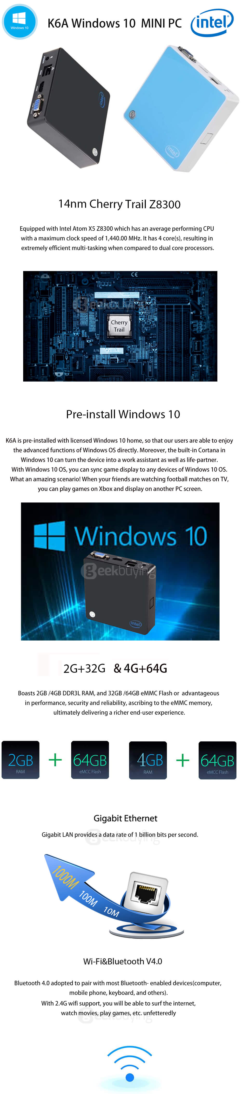 K6A Cherry Trail Z8300 MINI PC Windows 10 2G/32G HDMI & VGA Output WIFI 1000M LAN Bluetooth4.0 - Blue