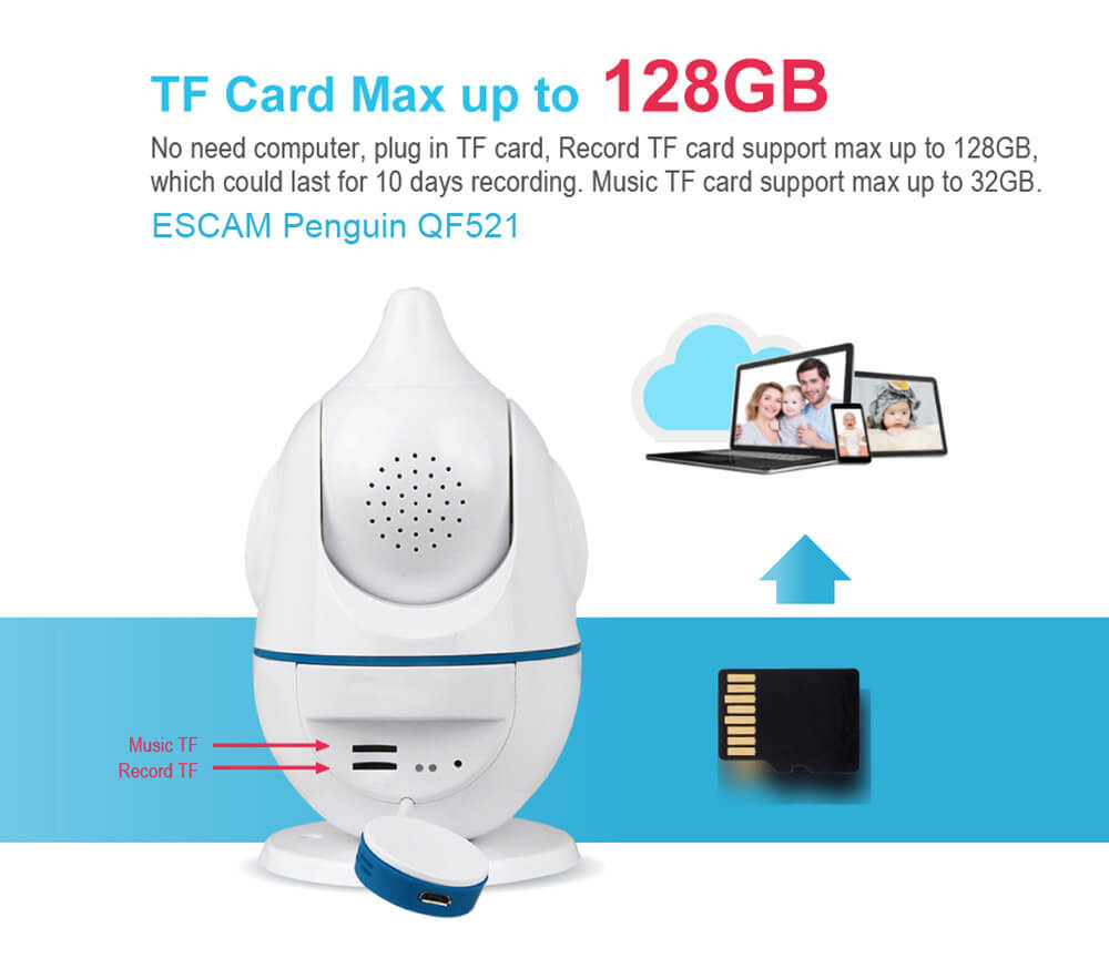 ESCAM Penguin QF521 Wireless WiFi Baby Monitor HD 720P P2P Smart Security Camera - White