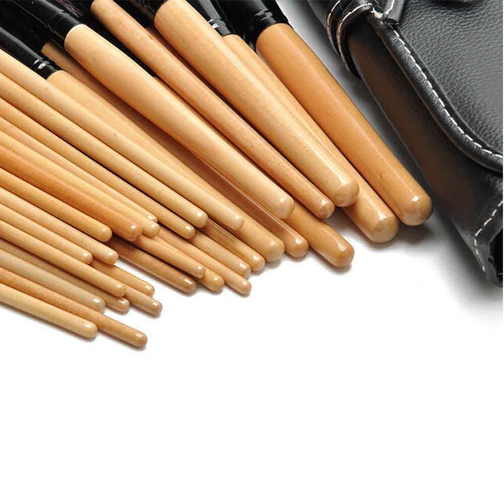 32PCS Wood Makeup Brushes Tools Set Cosmetic Facial Makeup Brush Kit with PU Leather Case - Black+Wood