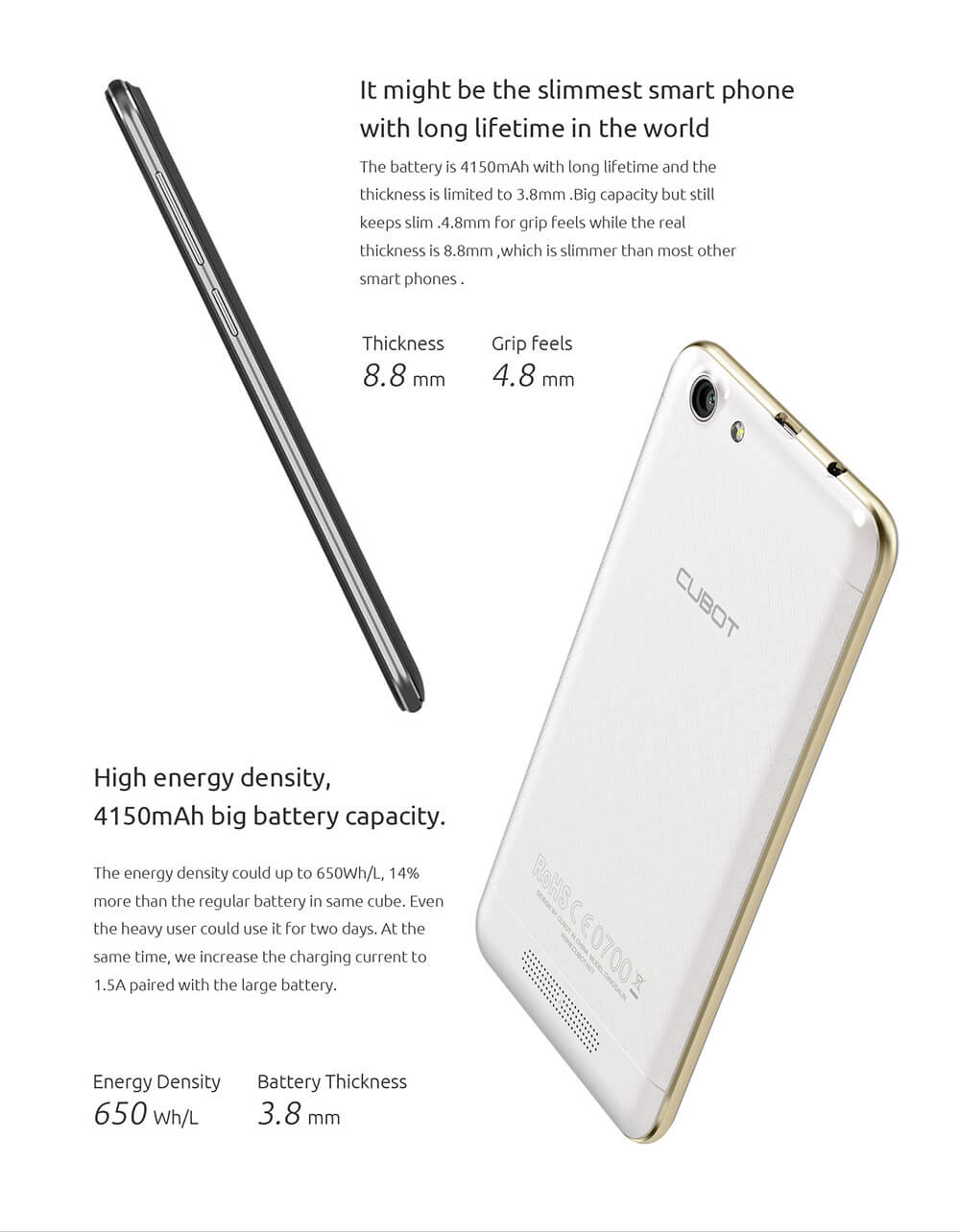[HK Stock]CUBOT DINOSAUR Smartphone 5.5inch IPS HD 4G FDD-LTE Android 6.0 3GB 16GB MTK6735A Quad Core 4150mAh Battery Utra-thin OTG Hoknot - Black