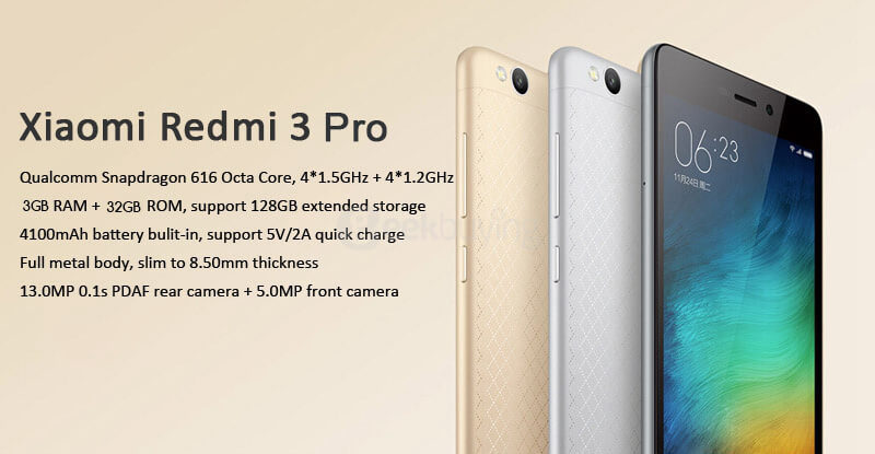 XIAOMI Redmi 3 Pro 5.0inch HD 4G LTE 3GB 32GB Smartphone Qualcomm Snapdragon 616 Octa Core 1.5 GHz Android 5.1 13.0MP Touch ID Fast Charge  4100mAh - Gold