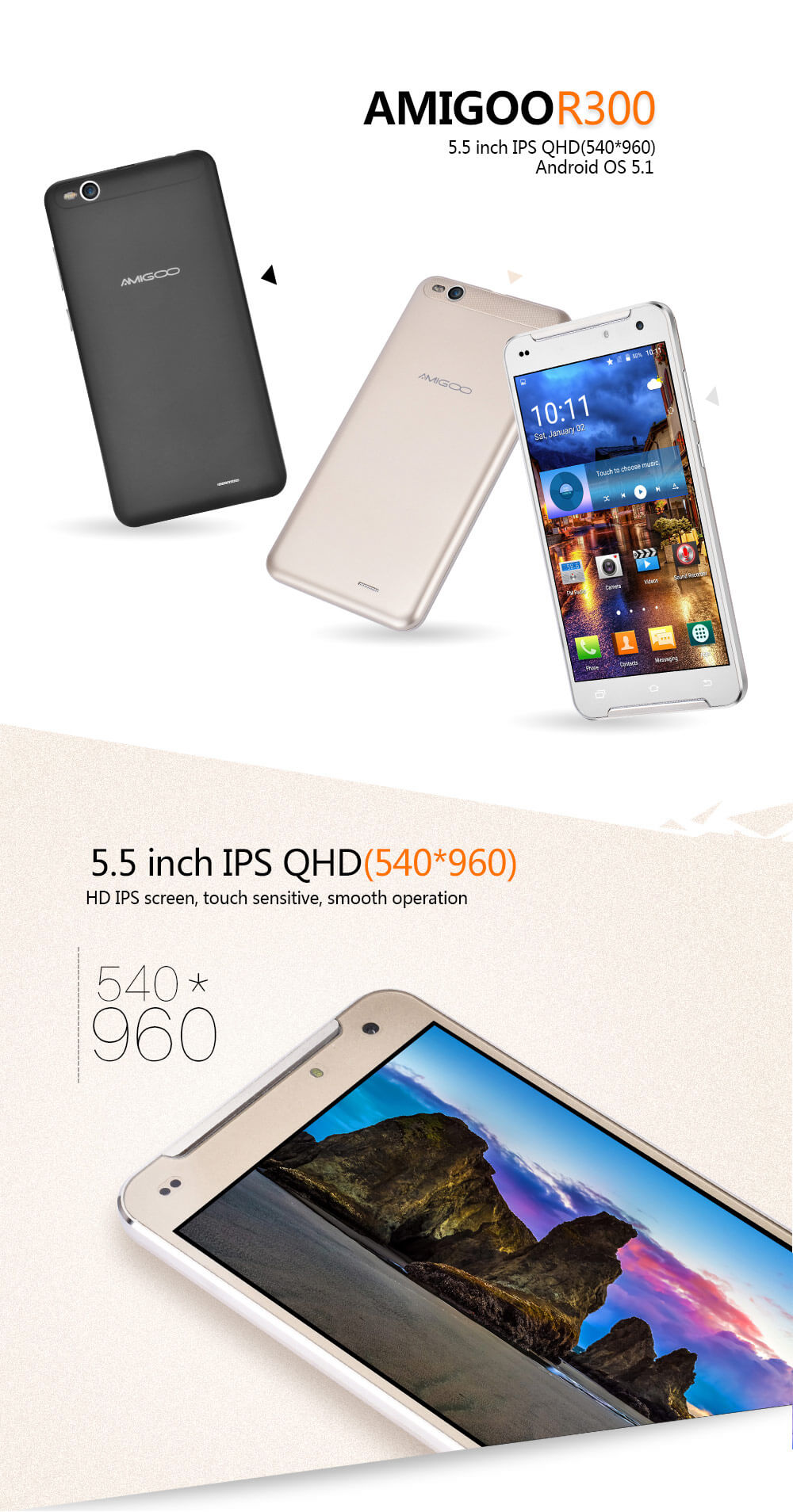 AMIGOO R300 5.5inch QHD Screen MT6580 Quad Core 3G Smartphone Android 5.1 1GB RAM 8GB ROM 5.0MP 2800mAh WIFI GPS - Black