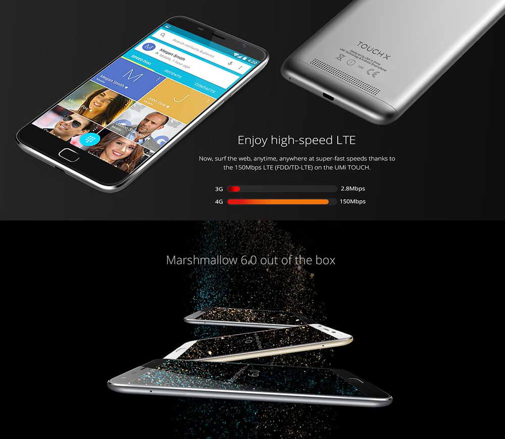 UMI TOUCH X 5.5inch 2.5D FHD 4G LTE Android 6.0 2GB 16GB Smartphone 64bit MTK6735A Quad-Core 1.3GHz 5.0MP 13.0MP 4000mAh OTG Metal Body - Gray