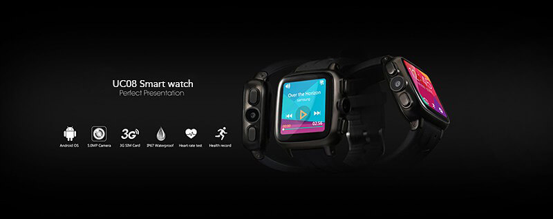 UWatch UC08 Android 4.4 3G WiFi GPS Smart Watch Phone MTK6572A Heart Rate Monitor 512MB 4GB SIM Card 3.0MP Camera 600mAh Battery IP67 Waterproof - Black